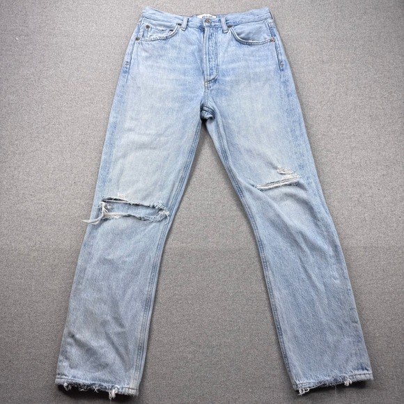 Agolde Denim - AGOLDE Riley High Rise Straight Leg Distressed Jeans Light Wash Button Fly Sz 26